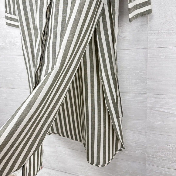 CHICO'S Striped Linen Blend Maxi Tunic Top Size 8-10 Belted Gray White Lagenlook - Picture 6 of 15